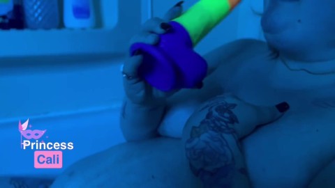 *HUGE DILDO* Blow Job - while BUSTY STEP MOM takes bubble bath