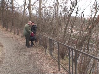 PUBLIC CHICKS Scene-2_Sexy brunette with small tits sucks an older man in the woods