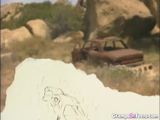 Hot blonde teen hops on oldie