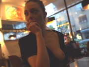 Preview 3 of It makes my pussy wet to bare my boobs in a cafe with lots of guys around. Topless in Public.
