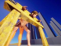 Muscular futanari with big boobs fucks his sex slave in the concrete jungle