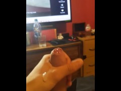 Vibrating my big dick with a dildo