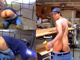 Crazy welder stretches his ass with a plug all day at work