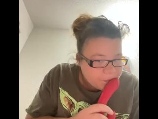 White Women Sucking Sex Toy and Playing with her Boobies