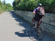 Preview 3 of Following woman in mini skirt and fishnets biking