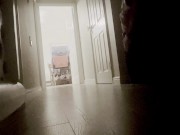 Preview 1 of Horny, straight guy, masturbates in corridor as family watch TV. Big cock jerked to cumshot