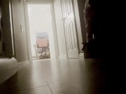 Preview 2 of Horny, straight guy, masturbates in corridor as family watch TV. Big cock jerked to cumshot