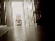 Preview 3 of Horny, straight guy, masturbates in corridor as family watch TV. Big cock jerked to cumshot