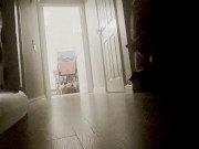 Preview 4 of Horny, straight guy, masturbates in corridor as family watch TV. Big cock jerked to cumshot