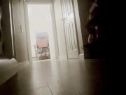 Preview 5 of Horny, straight guy, masturbates in corridor as family watch TV. Big cock jerked to cumshot