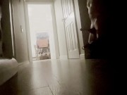 Preview 6 of Horny, straight guy, masturbates in corridor as family watch TV. Big cock jerked to cumshot