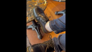 Quick Shoeplay in the coffee shop with white sock and DMs