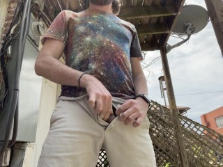 Bearded Stoner Jerks Uncut Cock and Cums outside