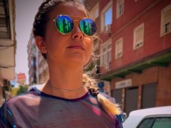 Walking Braless in a Sheer purple top