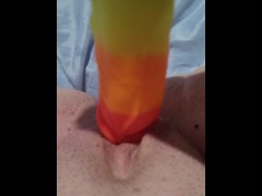 Trying my new colorful suction dildo part 3