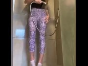 Preview 4 of Girl showers in tight floral leggings