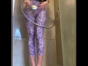 Preview 5 of Girl showers in tight floral leggings