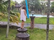 Preview 5 of NO PANTIES fetish# PUBLIC without panties n transparent wet dress # Public flashing among bungalows