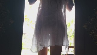 NO PANTIES fetish# PUBLIC without panties n transparent wet dress # Public flashing among bungalows