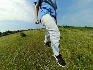 Freeballing walk in nature with a massive sweatpants bulge