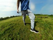 Preview 1 of Freeballing walk in nature with a massive sweatpants bulge