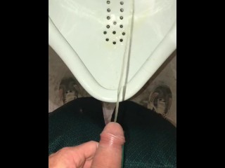 Early Morning Pee Desperation while Camping - Risky Public Pissing & Cumming in a Public Washroom