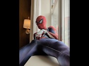 Preview 1 of exhibitionist spiderman cums from hotel window 💦