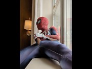 Preview 2 of exhibitionist spiderman cums from hotel window 💦