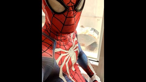 exhibitionist spiderman cums from hotel window 💦