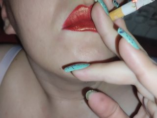 lipstick, big tits, red lips, cigarette
