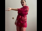 Preview 1 of Hot mom striptease in red lingerie