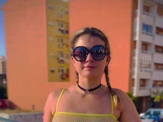 VR - Braless in a Sheer Yellow Top in Public