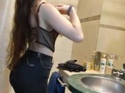 Preview 1 of teen trying on corsets / young woman trying on clothes in a bathroom