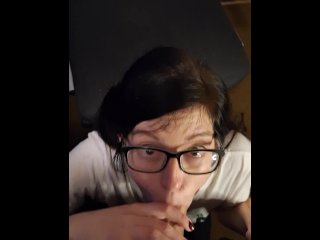 Nerdy Slut Gets Distracted By His Wand - Sloppy BJ Has Nerdy Slut Gagging & Drooling AllOver Cock