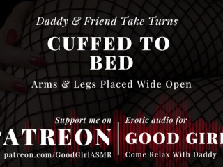 [GoodGirlASMR]ベッドにカフ付き。パパと友達が交代で。腕と脚を大きく開いて配置