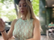 Preview 1 of She cum with risky public masturbation in open cafe on the busy street. Transparent top, no panties.