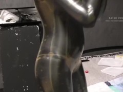 Getting into neck entry catsuit Double layered latex