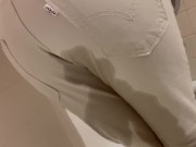 Preview 3 of Wetting locked on white jeans. Massive Piss desperation
