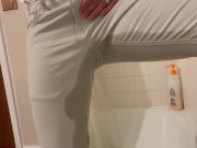 Preview 6 of Wetting locked on white jeans. Massive Piss desperation