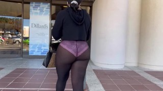 Shopping with no pants only panties with pantyhose braless