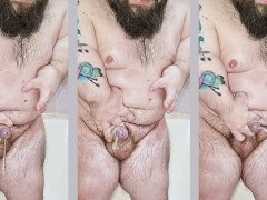 Bearded tattooed midget in bathroom cum three times