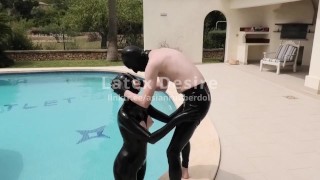 Behind the scenes of POV Blowjob clip Latex Rubber Outdoor Pool