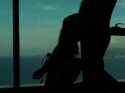 Preview 1 of Artistic silhouette - Tied up Asian teen sucking dick with an ocean view - Baebi Hel