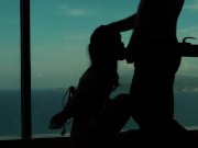 Preview 3 of Artistic silhouette - Tied up Asian teen sucking dick with an ocean view - Baebi Hel