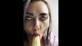 A Banana Ending In Her Mouth Gets A Deep Blowjob