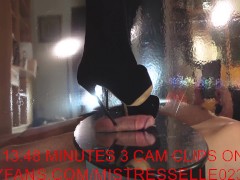 Mistress Elle in high heels thigh boots smash her slaves cock