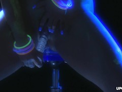 Asian milf Jessica rubs her cunt with the glass dildo.