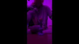 Plugged fem t-girl knotted by 9" dragon dildo while listening to lemon demon