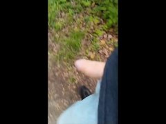 Solo exhibitionist walks through woods with CUMSHOT