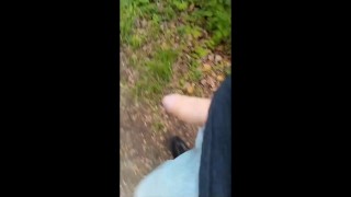 Solo exhibitionist walks through woods with CUMSHOT